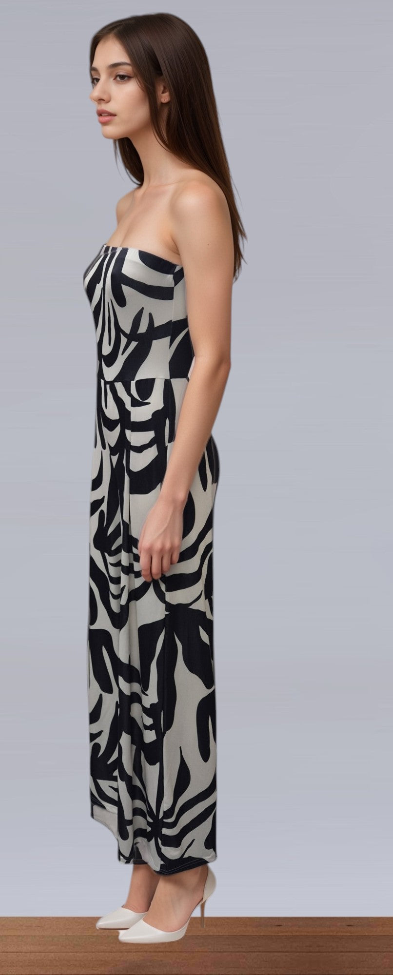 Women's Cream and Black Print Woven Bandeau neckline Wide Leg All in one Jumpsuit