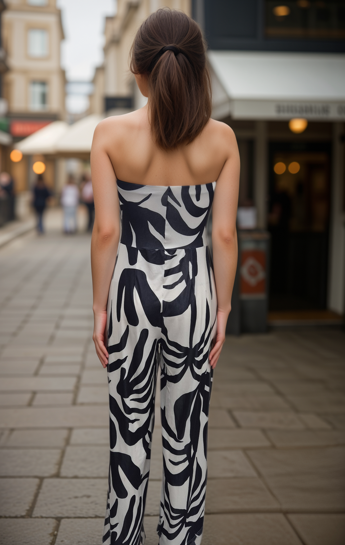 Women's Cream and Black Print Woven Bandeau neckline Wide Leg All in one Jumpsuit