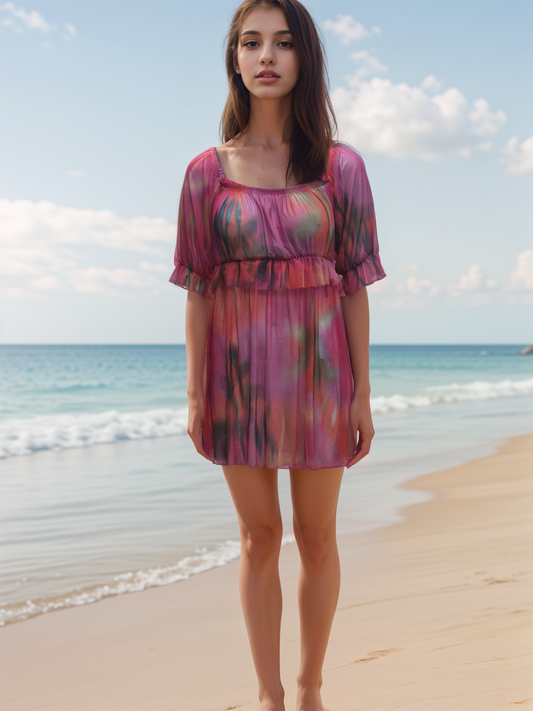 Women's Printed mesh Rainbow Sexy Baby Doll Short Mini Dress Fashion Trends