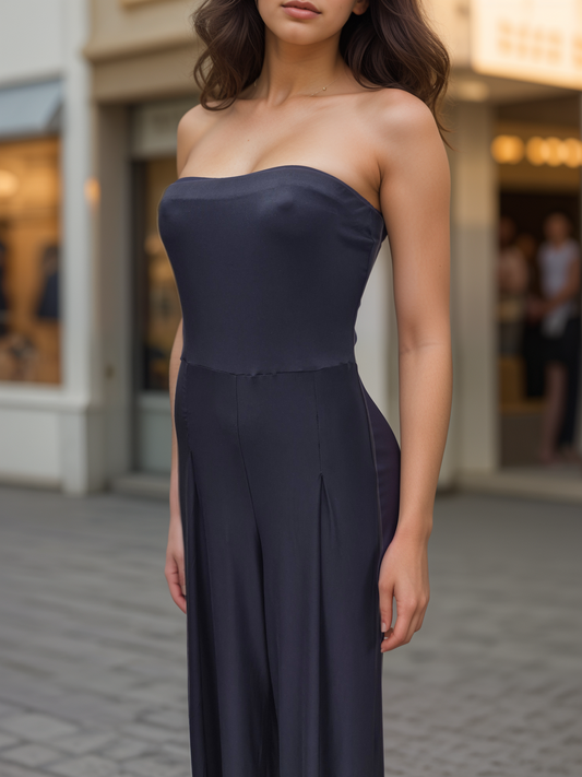 Women's Black Woven Bandeau neckline Wide Leg All in one Jumpsuit