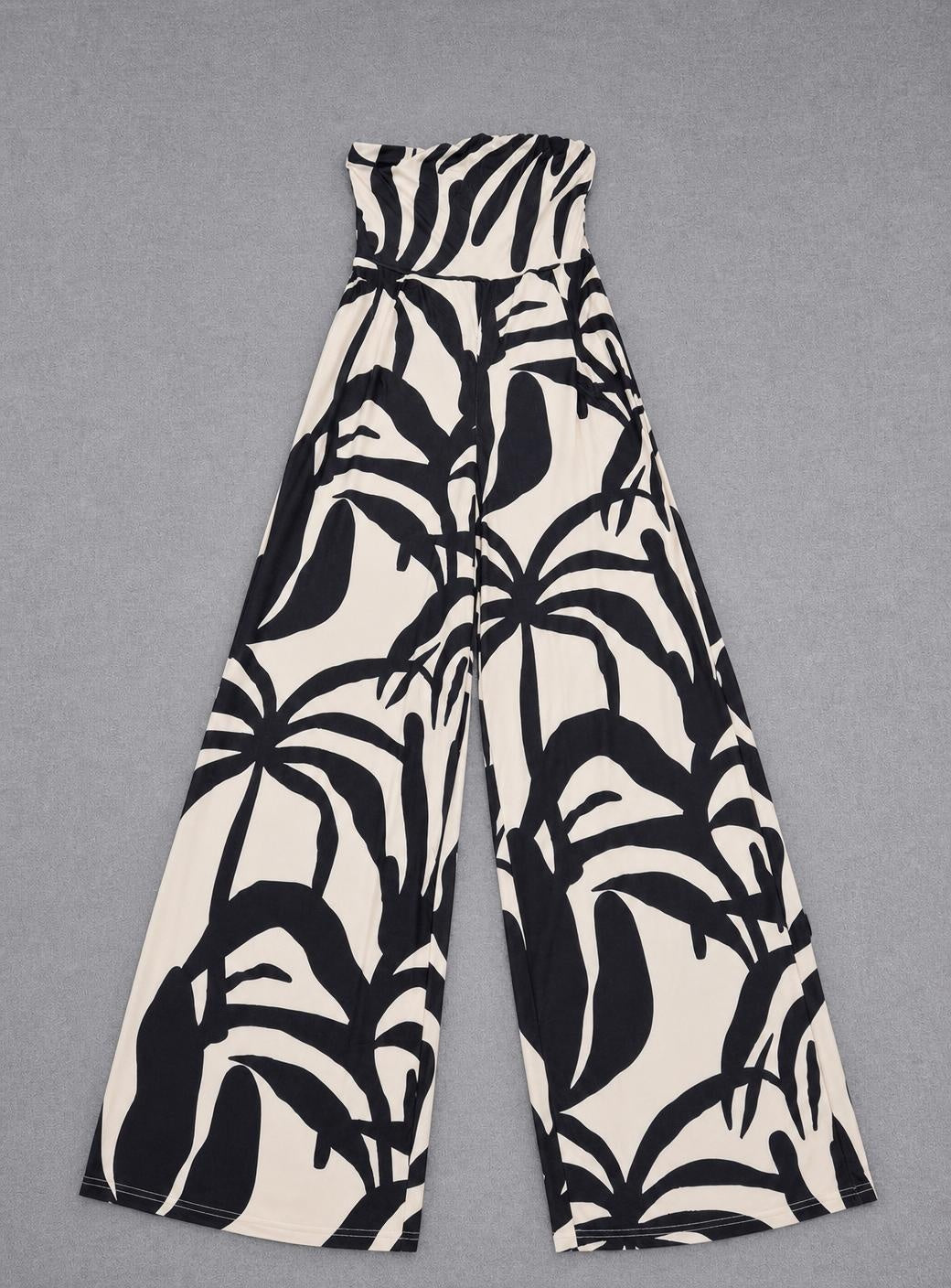 Women's Cream and Black Print Woven Bandeau neckline Wide Leg All in one Jumpsuit