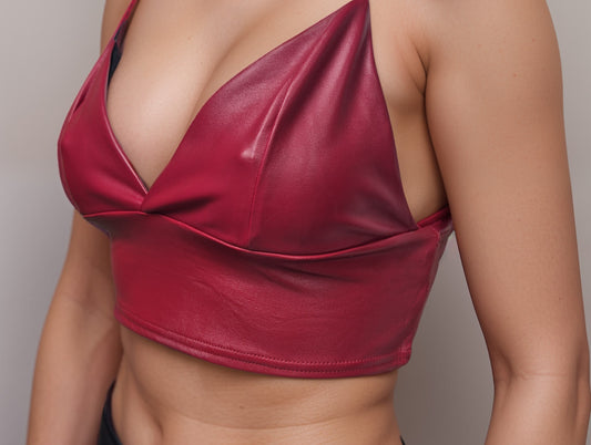 Women's Girls RED Faux PU Leather look Black Bralette Womenswear