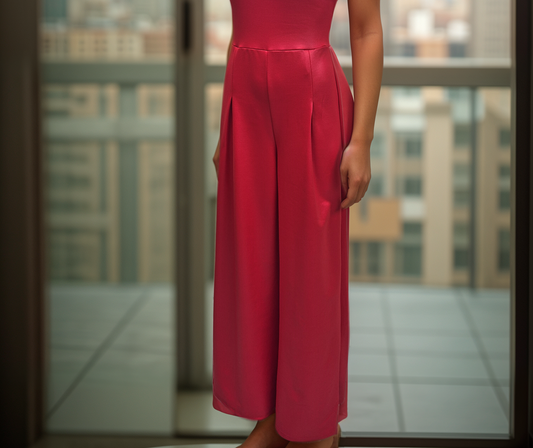 Women's Red Woven Bandeau neckline Wide Leg All in one Jumpsuit