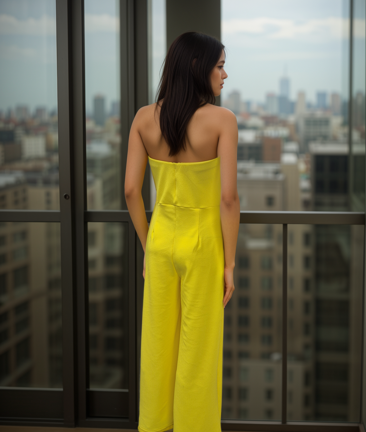 Women's Yellow Woven Bandeau neckline Wide Leg All in one Jumpsuit