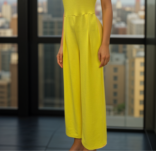 Women's Yellow Woven Bandeau neckline Wide Leg All in one Jumpsuit