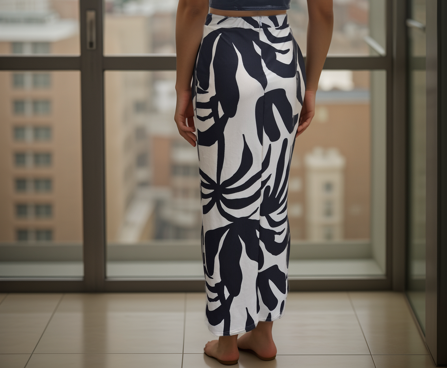 Women's Cream and Black Print Long Split Maxi Skirt