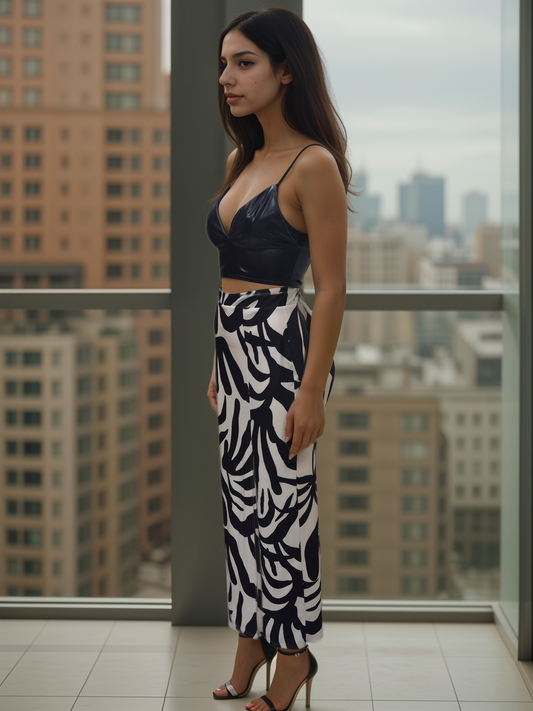Women's Cream and Black Print Long Split Maxi Skirt