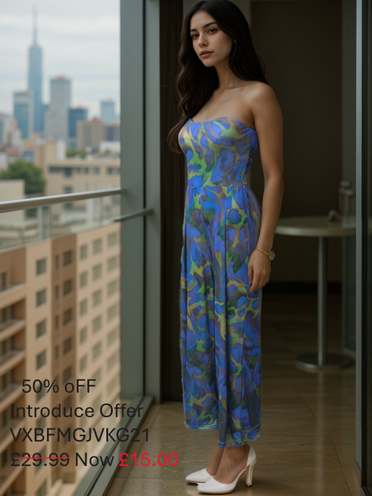 Women's Retro Print Woven Bandeau neckline Wide Leg Jumpsuit All In One