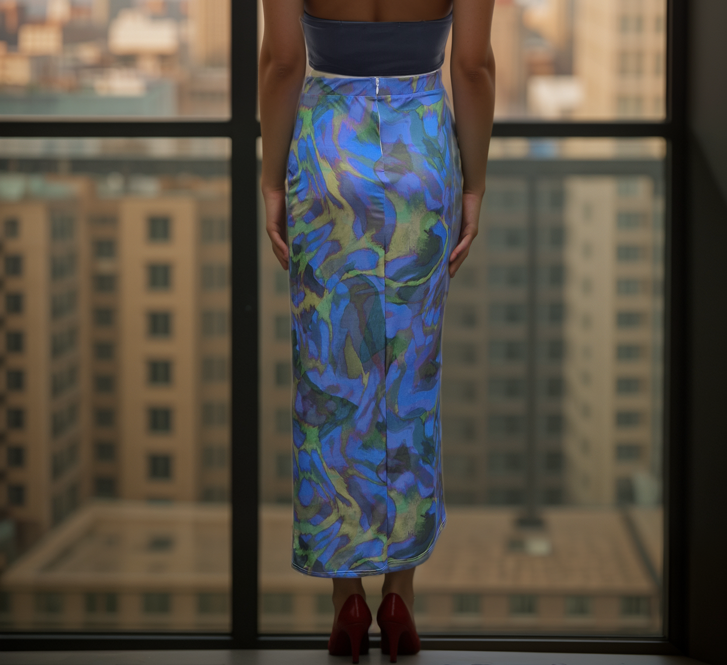 Women's Blue Retro Print Long Split Maxi Skirt