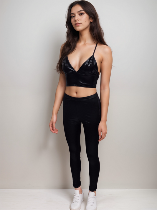 Women's Girls Sexy PU Wet Look Matt Full Length High Waisted Leggings Bottoms Comfortable Womenswear