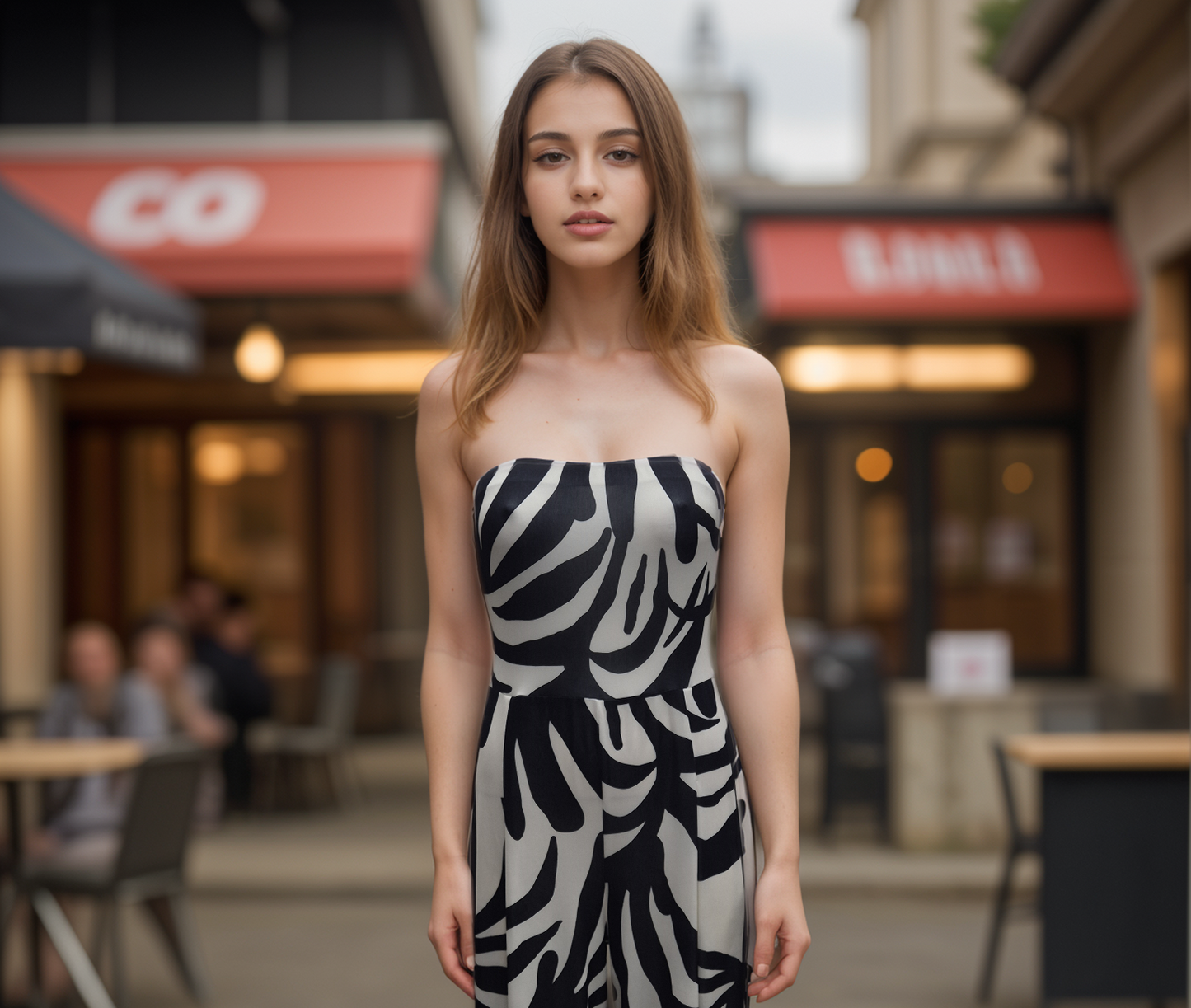 Women's Cream and Black Print Woven Bandeau neckline Wide Leg All in one Jumpsuit