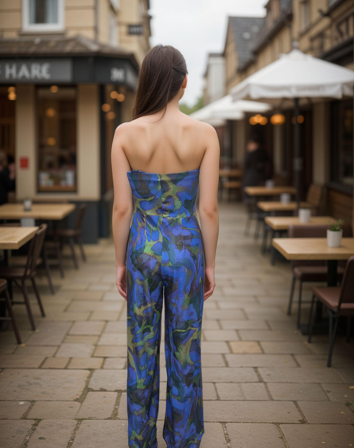 Women's Retro Print Woven Bandeau neckline Wide Leg Jumpsuit All In One
