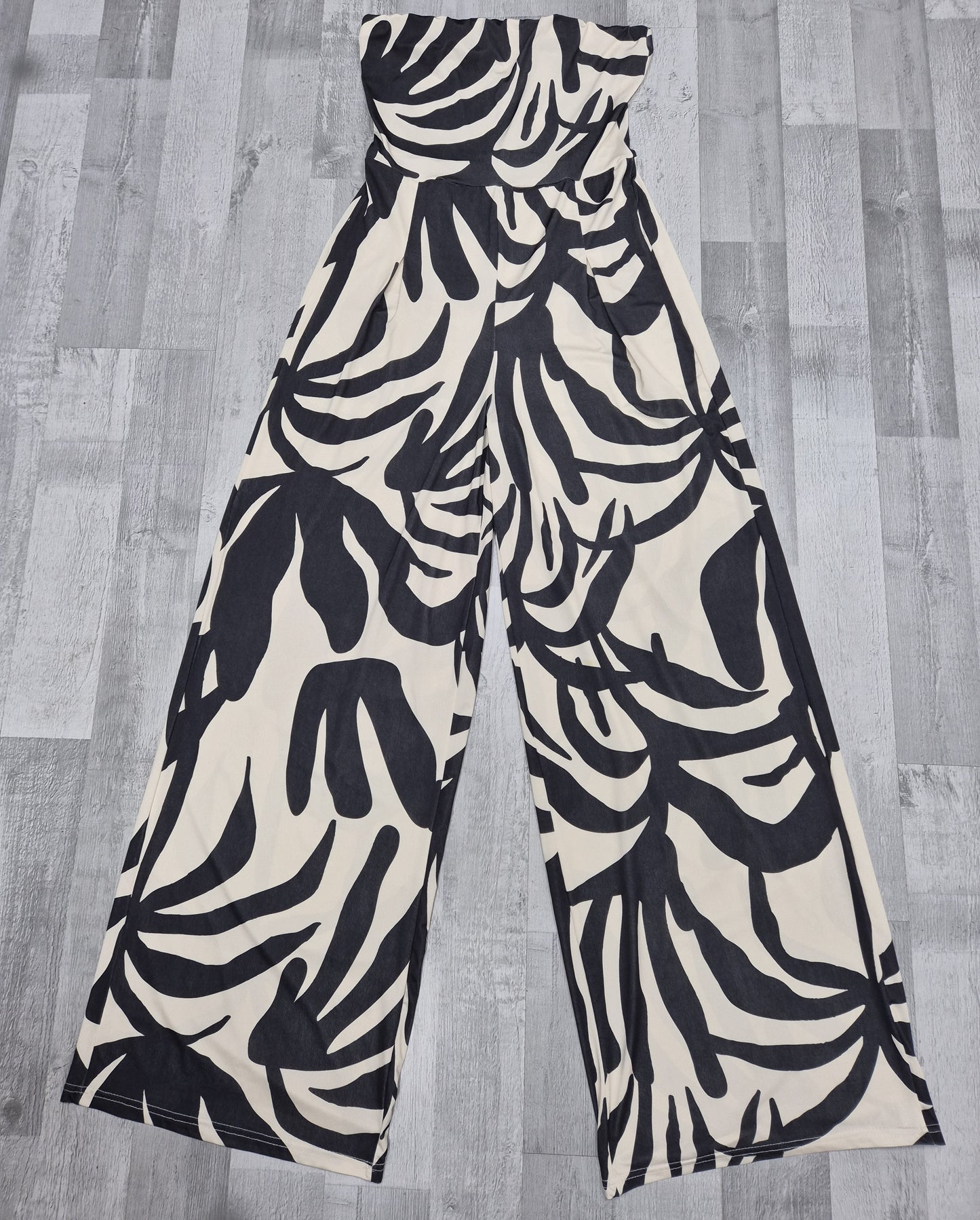 Women's Cream and Black Print Woven Bandeau neckline Wide Leg All in one Jumpsuit