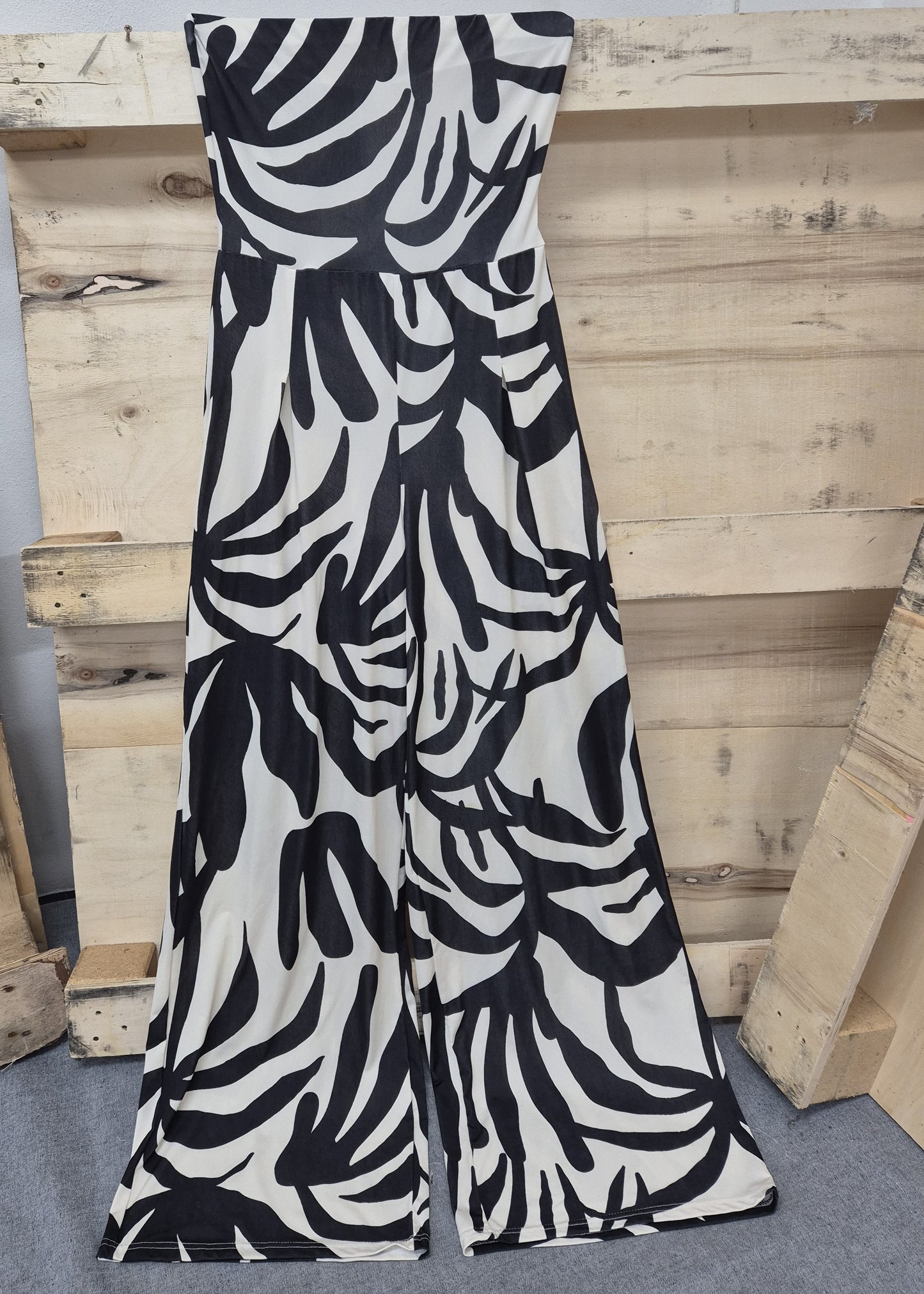 Women's Cream and Black Print Woven Bandeau neckline Wide Leg All in one Jumpsuit