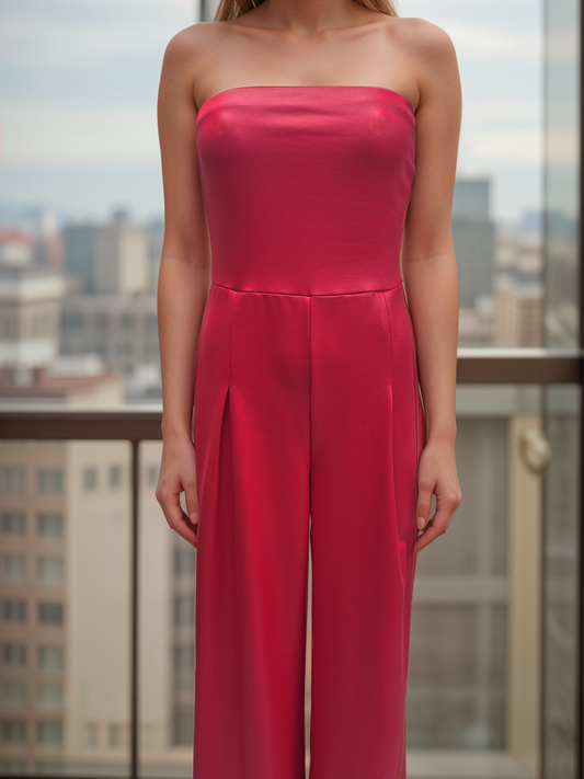 Women's Red Woven Bandeau neckline Wide Leg All in one Jumpsuit