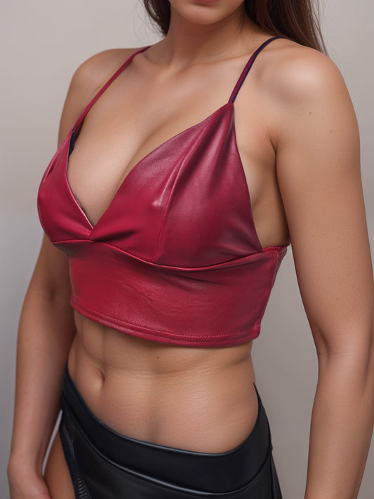 Women's Girls RED Faux PU Leather look Black Bralette Womenswear