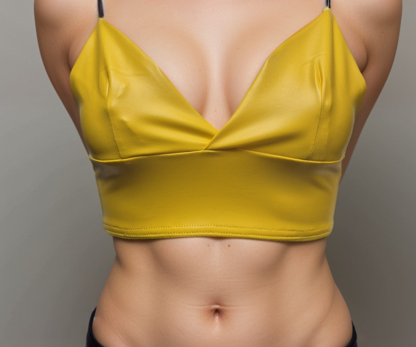 Women's Girls Yellow Faux PU Leather look Bralette Womenswear