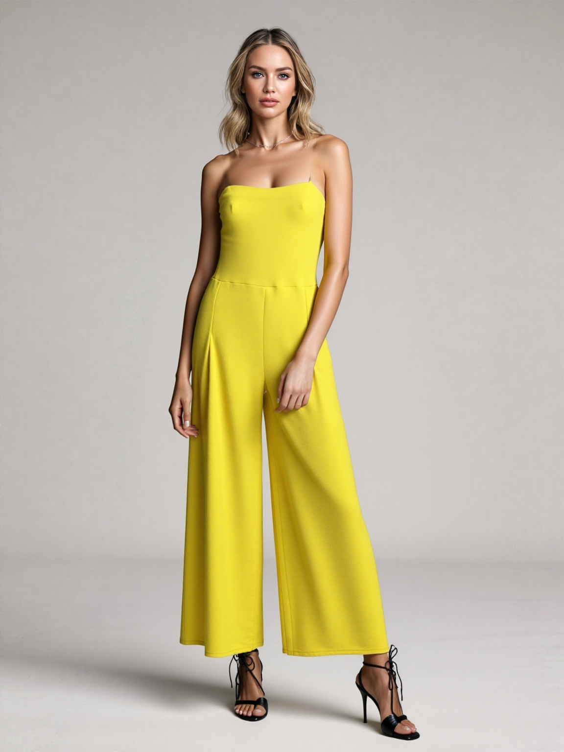 Women's Yellow Woven Bandeau neckline Wide Leg All in one Jumpsuit