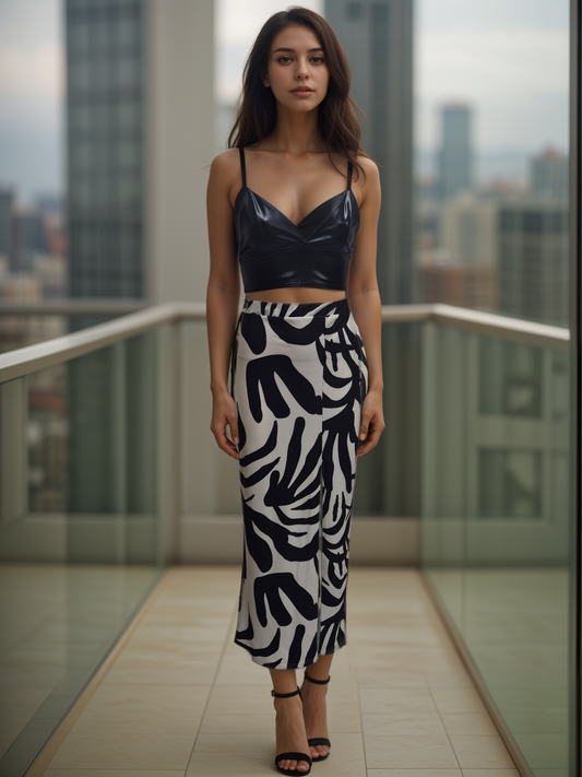 Women's Cream and Black Print Long Split Maxi Skirt