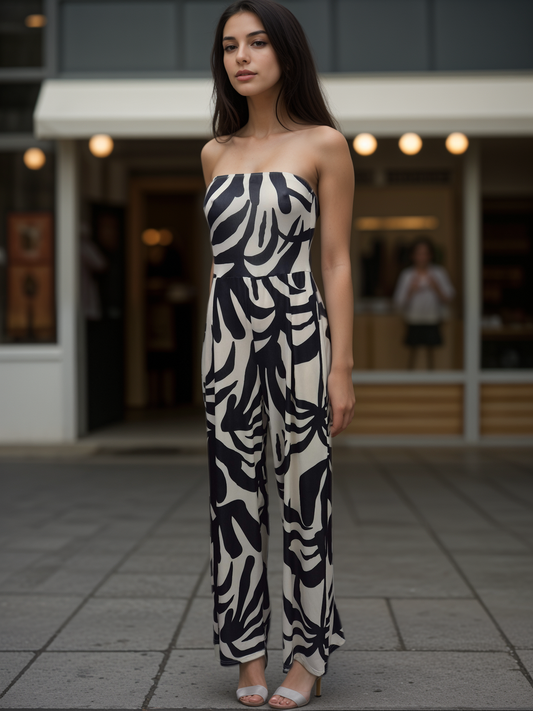 Women's Cream and Black Print Woven Bandeau neckline Wide Leg All in one Jumpsuit