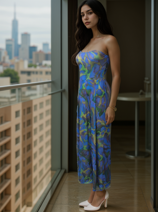 Women's Retro Print Woven Bandeau neckline Wide Leg Jumpsuit All In One